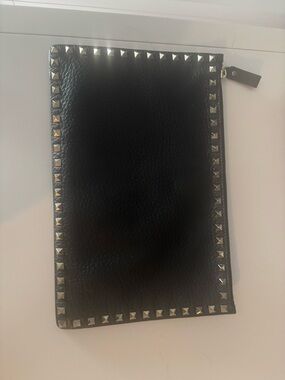 Valentino Black Leather Rockstud Zip Pouch
